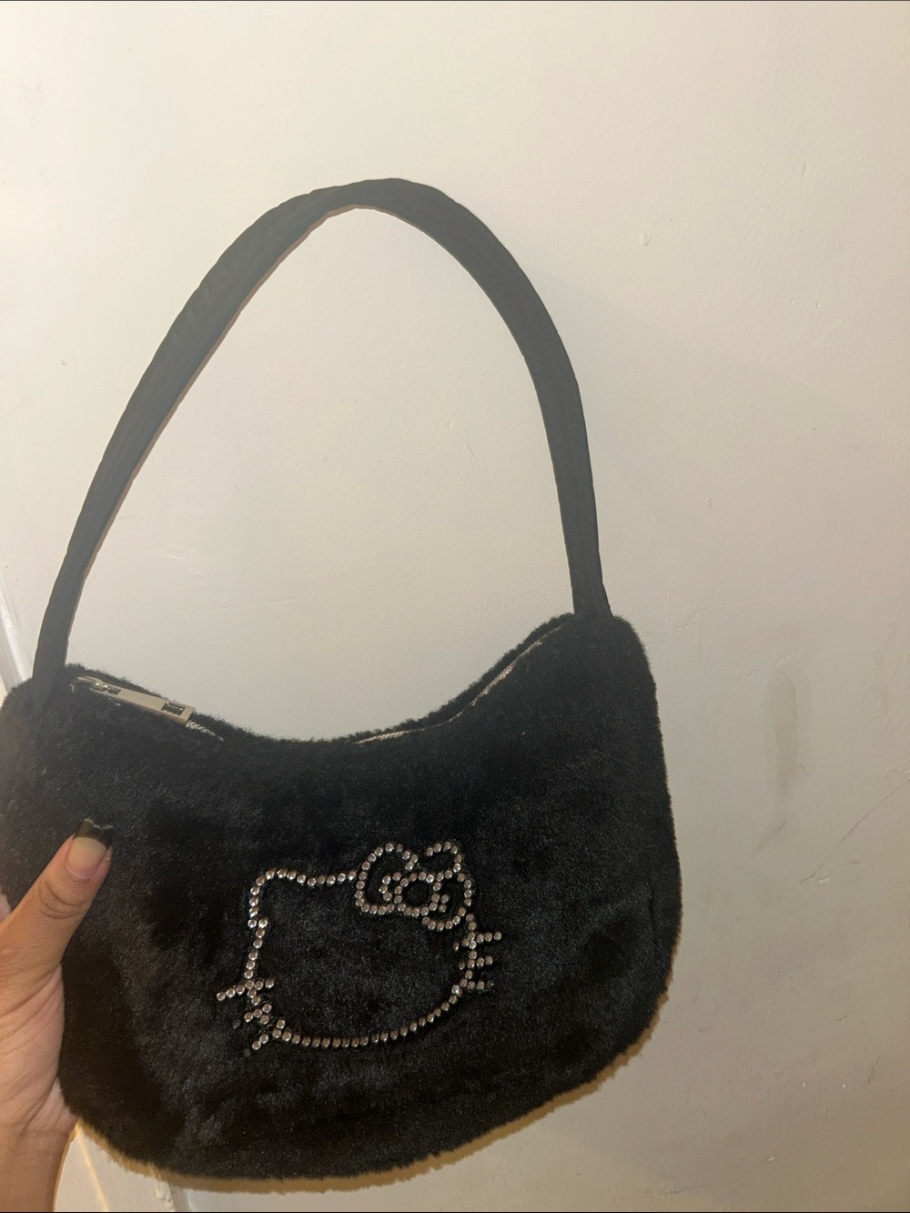 Black Faux Fur Hello Kitty Shoulder Bag with Crystals